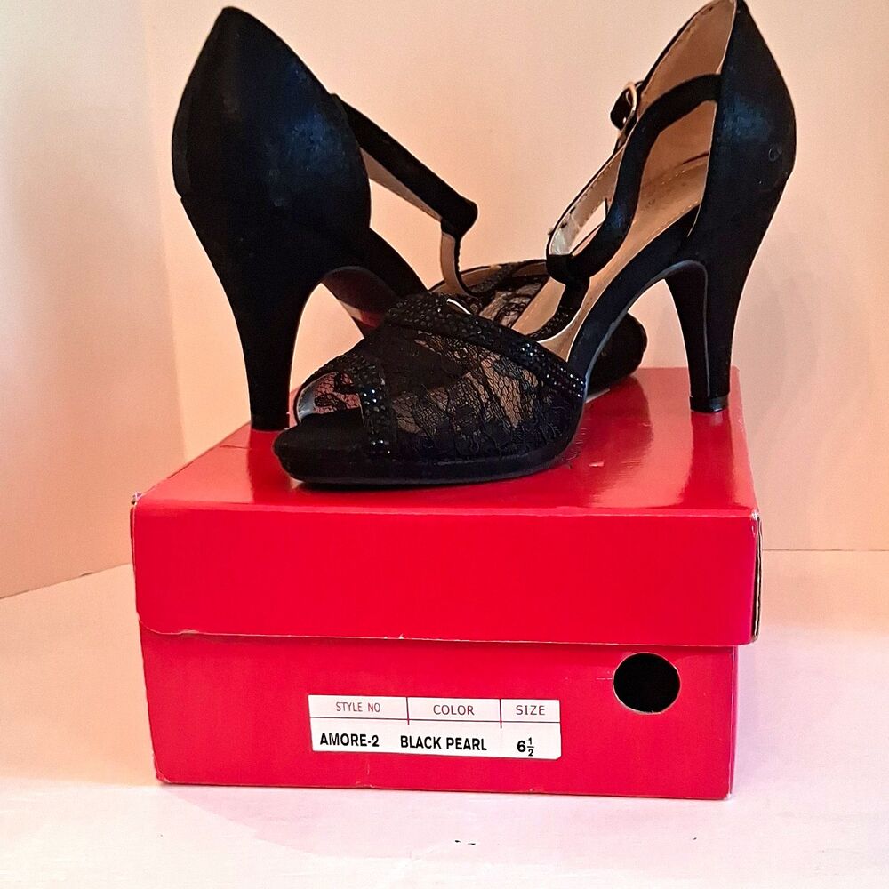 Dream Pairs black lace peep toe ankle strap stiletto heels women's US 6.5